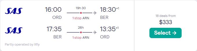 Cheap flights from US cities to German cities from only $333 roundtrip with Scandinavian Airlines. Flight deal ticket image.