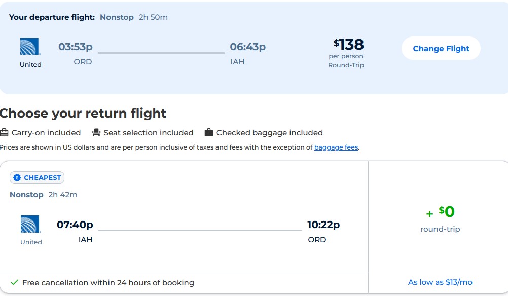 Non-stop flights from Chicago to Houston, Texas for only $138 roundtrip with United Airlines. Also works in reverse. Flight deal ticket image.