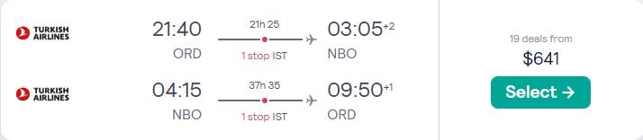 Cheap flights from Chicago to Nairobi, Kenya for only $641 roundtrip with Turkish Airlines. Flight deal ticket image.