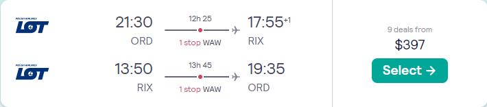 Cheap flights from Chicago to Riga, Latvia for only $397 roundtrip with LOT Polish Airlines. Flight deal ticket image.