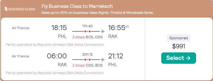 Business Class, summer flights from Eastern USA to Marrakesh or Casablanca, Morocco from only $991 roundtrip with Air France. Flight deal ticket image.