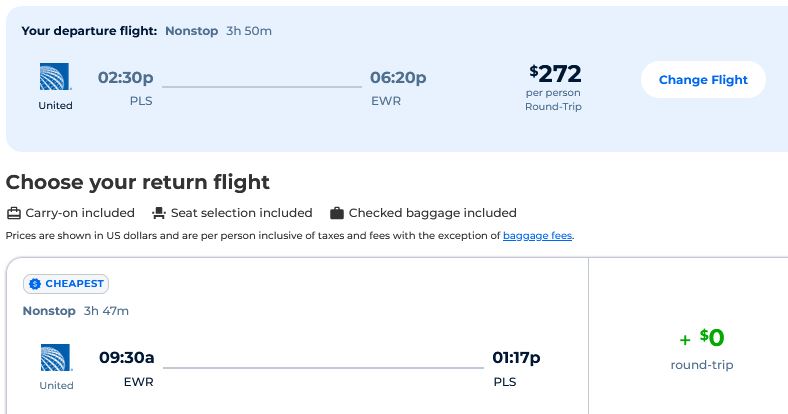 Click here to book this cheap flight deal. Non-stop flights from Turks and Caicos to New York, USA for only $272 USD roundtrip with United Airlines. Flight deal ticket image.
