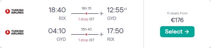 Cheap flights from Riga, Latvia to Baku, Azerbaijan for only €176 roundtrip with Turkish Airlines. Flight deal ticket image.