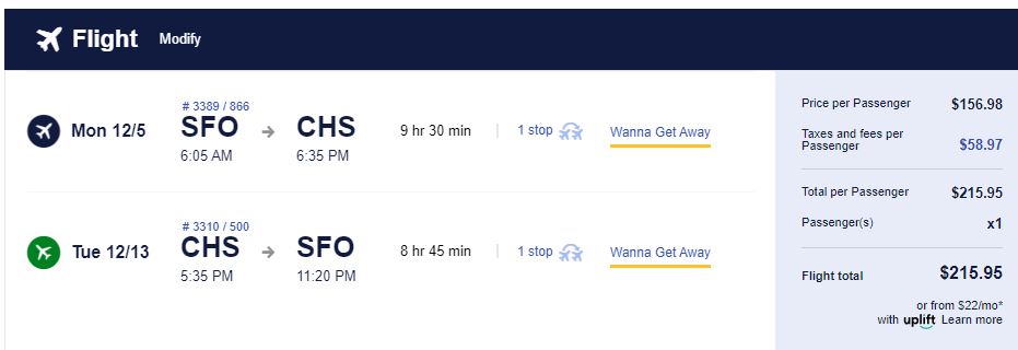 Cheap flights from San Francisco to Charleston, South Carolina for only $215 roundtrip. Also works in reverse. Flight deal ticket image.