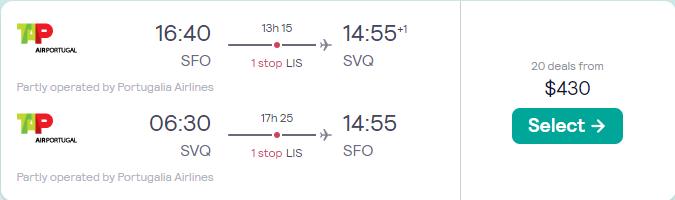 Cheap flights from San Francisco to Seville, Spain for only $430 roundtrip with TAP Air Portugal. Flight deal ticket image.