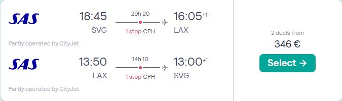 Cheap flights from Stavanger, Norway to Los Angeles, USA for only €346 roundtrip with Scandinavian Airlines. Flight deal ticket image.