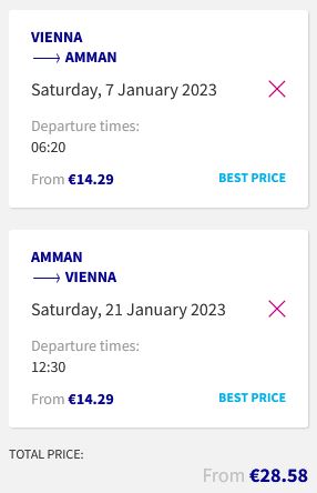 Non-stop flights from Vienna, Austria to Amman, Jordan for only €28 roundtrip. Flight deal ticket image.