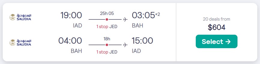Click here to book this cheap flight deal. Cheap flights from Washington DC to Bahrain for only $604 roundtrip. Flight deal ticket image.