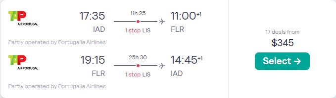 Click here to book this cheap flight deal. Cheap flights from Washington DC to Florence, Italy for only $345 roundtrip with TAP Air Portugal. Flight deal ticket image.