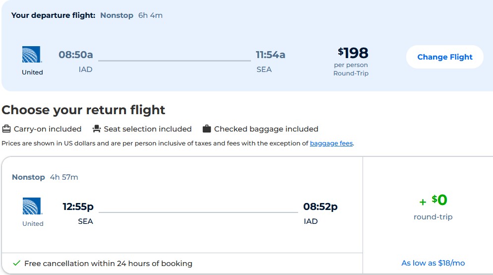 Non-stop flights from Washington DC to Seattle for only $198 roundtrip with United Airlines. Also works in reverse. Flight deal ticket image.