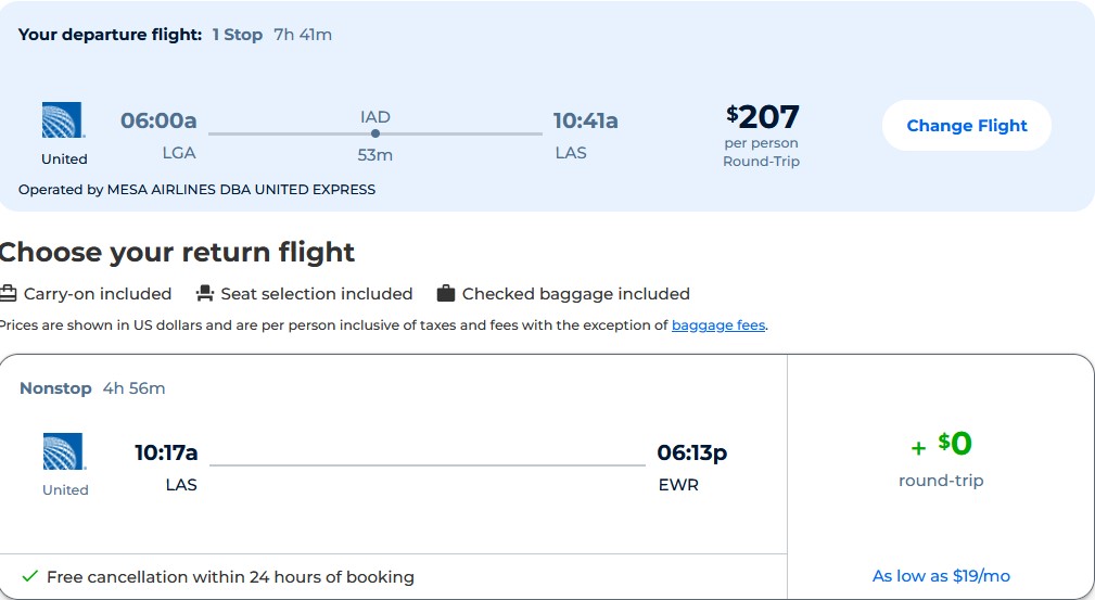 Cheap flights from New York to Las Vegas for only $207 roundtrip with United Airlines. Also works in reverse. Flight deal ticket image.
