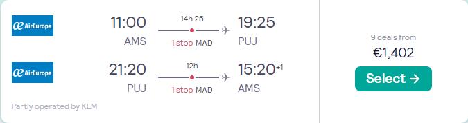 Business Class flights from Amsterdam, Netherlands to the Dominican Republic for only €1402 roundtrip with Air Europa and KLM. Flight deal ticket image.