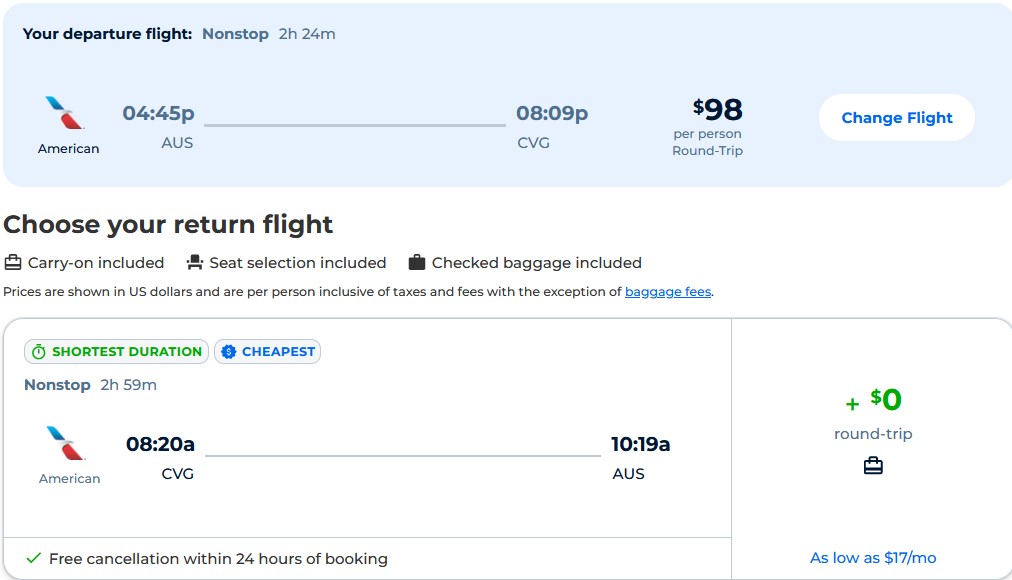 Non-stop flights from Austin, Texas to Cincinnati, Ohio for only $98 roundtrip with American Airlines. Also works in reverse. Flight deal ticket image.