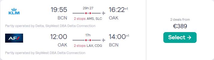 Cheap flights from Barcelona, Spain to Oakland, California for only €389 roundtrip with KLM, Delta Air Lines and Air France. Flight deal ticket image.