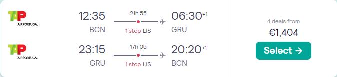 Business Class flights from Barcelona, Spain to Sao Paulo, Brazil for only €1404 roundtrip with TAP Air Portugal. Flight deal ticket image.