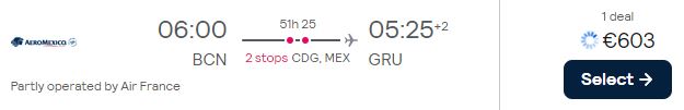 Business Class flights from Barcelona, Spain to Sao Paulo, Brazil for only €603 one-way with Air France and Aeromexico. Flight deal ticket image.
