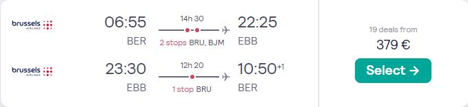 Cheap flights from German cities to Entebbe, Uganda from only €379 roundtrip with Brussels Airlines. Flight deal ticket image.