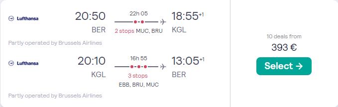 Cheap flights from German cities to Kigali, Rwanda from only €393 roundtrip with Lufthansa, Brussels Airlines and Swiss International Air Lines. Flight deal ticket image.