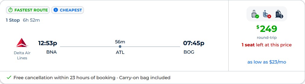 Click here to book this cheap flight deal. Cheap flights from US cities to Bogota, Colombia from only $249 roundtrip with Delta Air Lines. Flight deal ticket image.