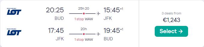 Business Class, summer flights from Budapest, Hungary to New York, USA for only €1243 roundtrip with LOT Polish Airlines. Flight deal ticket image.