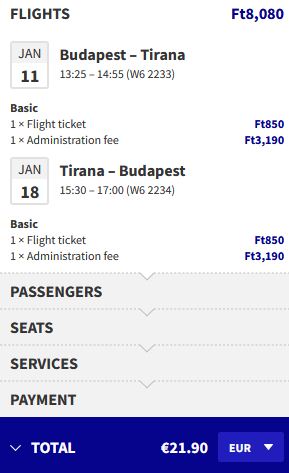 Non-stop flights from Budapest, Hungary to Tirana, Albania for only €21 roundtrip. Flight deal ticket image.