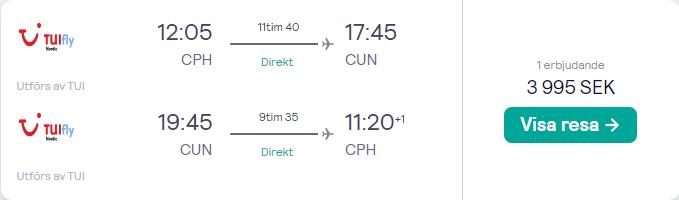 Non-stop, last second flights from Copenhagen, Denmark to Cancun, Mexico for only €367 roundtrip. **Flight departs tomorrow – 10th December 2022** Flight deal ticket image.