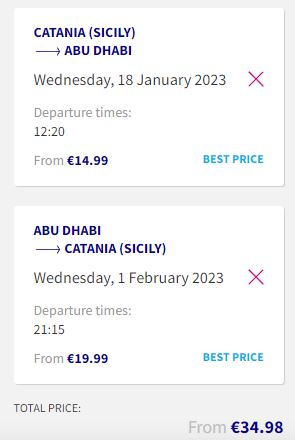 Non-stop flights from Catania, Italy to Abu Dhabi, UAE for only €34 roundtrip. Flight deal ticket image.
