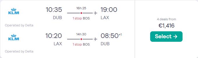 Business Class, summer flights from Dublin, Ireland to Los Angeles, USA for only €1416 roundtrip with Delta Air Lines. Flight deal ticket image.