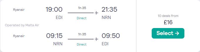 Non-stop flights from Edinburgh, Scotland to Dusseldorf, Germany for only £16 roundtrip. Flight deal ticket image.