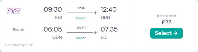 Click here to book this cheap flight deal. Non-stop flights from Edinburgh, Scotland to Gdansk, Poland for only £22 roundtrip. Flight deal ticket image.