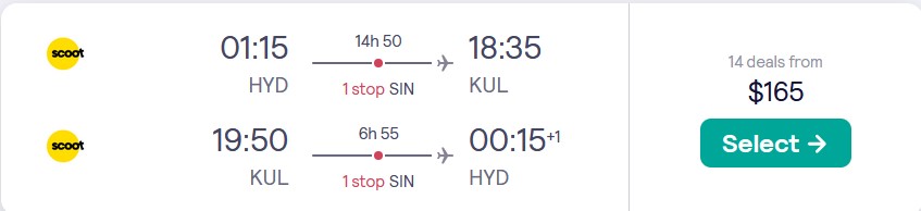 Cheap flights from Hyderabad, India to Kuala Lumpur, Malaysia for only $165 USD roundtrip. Flight deal ticket image.