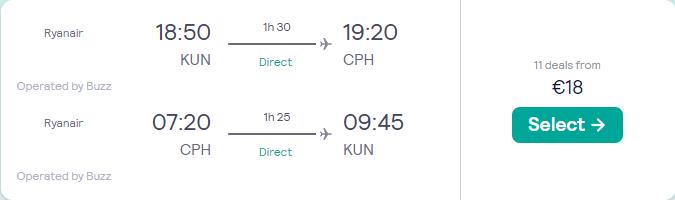 Non-stop flights from Kaunas, Lithuania to Copenhagen, Denmark for only €18 roundtrip. Flight deal ticket image.