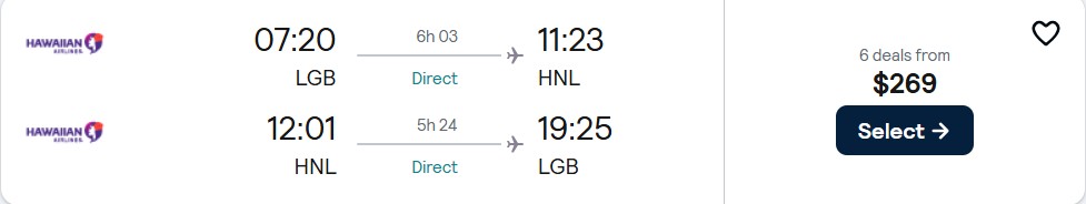 Non-stop flights from Long Beach, California to Honolulu, Hawaii for only $269 roundtrip with Hawaiian Airlines. Also works in reverse. Flight deal ticket image.