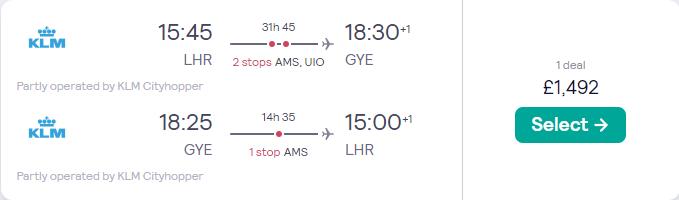 Business Class flights from London, UK to Guayaquil, Ecuador for only £1492 roundtrip with KLM. Flight deal ticket image.