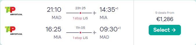 Business Class flights from Madrid, Spain to Miami, USA for only €1286 roundtrip with TAP Air Portugal. Flight deal ticket image.
