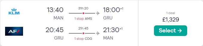 Business Class flights from Manchester, UK to Sao Paulo, Brazil for only £1329 roundtrip with KLM and Air France. Flight deal ticket image.