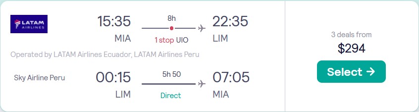 Cheap flights from Miami to Lima, Peru for only $294 roundtrip with LATAM Airlines and Avianca. Flight deal ticket image.