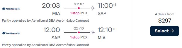 Non-stop flights from Miami to San Pedro Sula, Honduras for only $254 roundtrip. Flight deal ticket image.