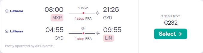 Cheap flights from Milan, Italy to Baku, Azerbaijan for only €232 roundtrip with Lufthansa. Flight deal ticket image.