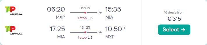Cheap flights from Milan, Italy to Miami, USA for only €315 roundtrip with TAP Air Portugal. Flight deal ticket image.