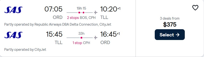 Click here to book this cheap flight deal. Cheap flights from Chicago to Tallinn, Estonia for only $375 roundtrip with Scandinavian Airlines. Flight deal ticket image.