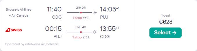 Error Fare Business Class flights from Paris, France to the Dominican Republic for only €628 roundtrip with Air Canada and Swiss International Air Lines. Flight deal ticket image.