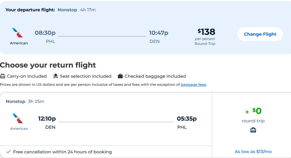 Non-stop flights from Philadelphia to Denver, Colorado for only $138 roundtrip with American Airlines. Also works in reverse. Flight deal ticket image.