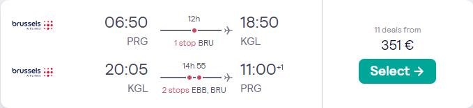 Cheap flights from Prague, Czech Republic to Kigali, Rwanda for only €351 roundtrip with Brussels Airlines. Flight deal ticket image.