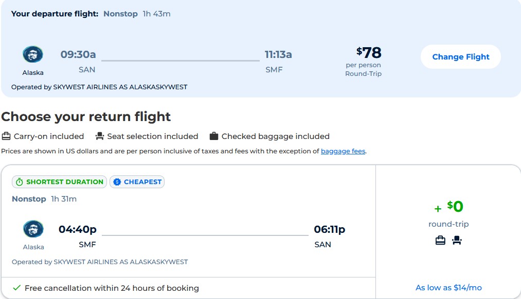 Non-stop flights from San Diego to Sacramento, California for only $78 roundtrip with Alaska Airlines. Also works in reverse. Flight deal ticket image.