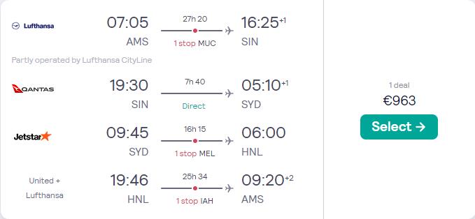 Fly around the world from Amsterdam, Netherlands to Singapore, Sydney, Australia and Honolulu, USA for only €963 roundtrip. Flight deal ticket image.