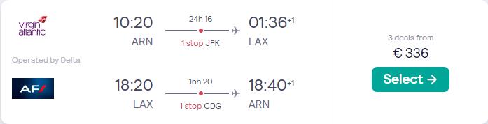 Cheap flights from Stockholm, Sweden to Los Angeles, USA for only €336 roundtrip with Delta Air Lines and Air France. Flight deal ticket image.