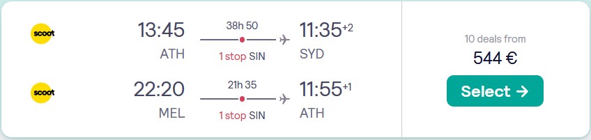 Open-jaw flights from Athens, Greece to Sydney, Australia returning from Melbourne, Australia for only €544 roundtrip. Flight deal ticket image.