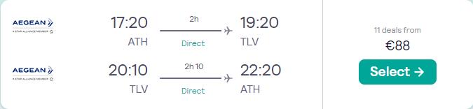 Click here to book this cheap flight deal. Non-stop flights from Athens, Greece to Tel Aviv, Israel for only €88 roundtrip with Aegean Airlines. Flight deal ticket image.