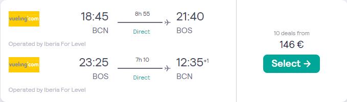 Non-stop flights from Barcelona, Spain to Boston, USA for only €147 roundtrip. Flight deal ticket image.